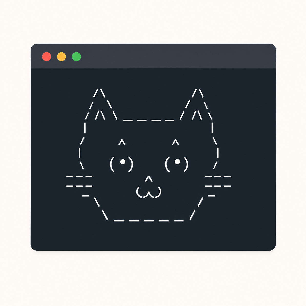 A terminal window displaying a cat made from text characters.