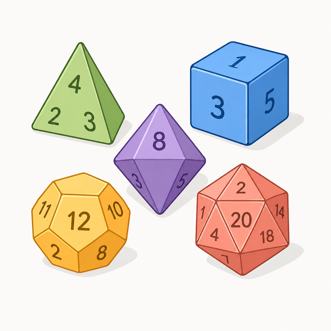 A collection of colourful role-playing dice with different numbers of sides.