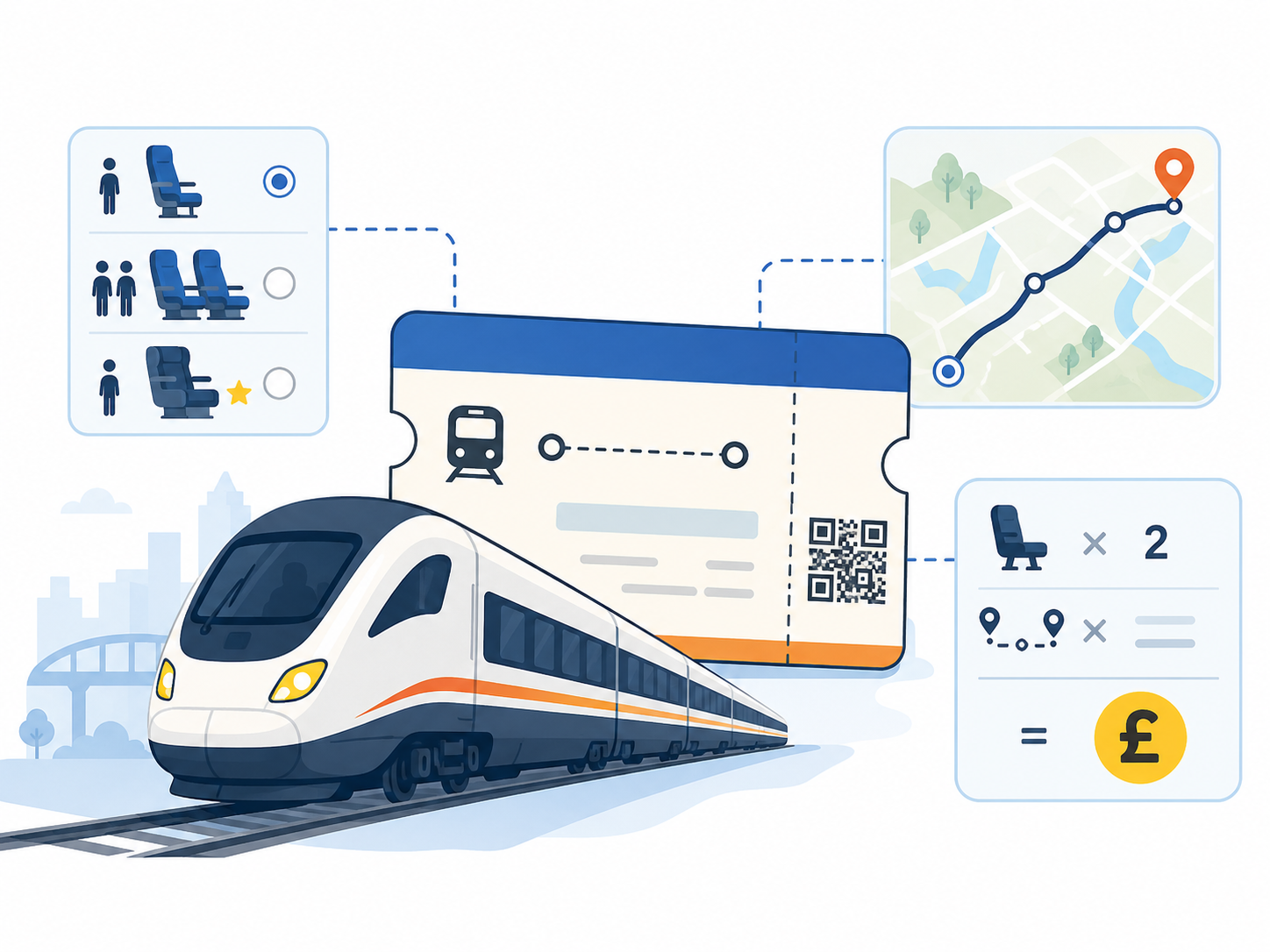 A train, ticket, route and fare calculation symbols.