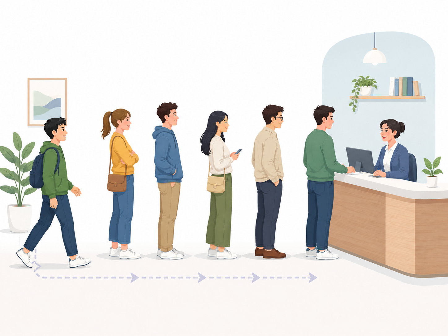 Customers waiting in arrival order with the front customer served first and a new customer joining at the rear.