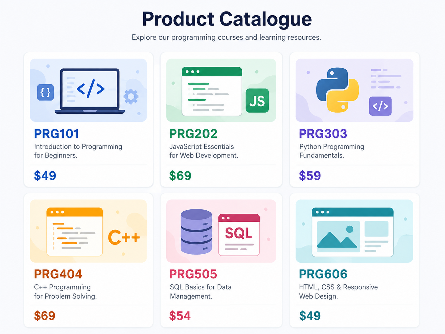 A digital product catalogue with product cards and price fields.