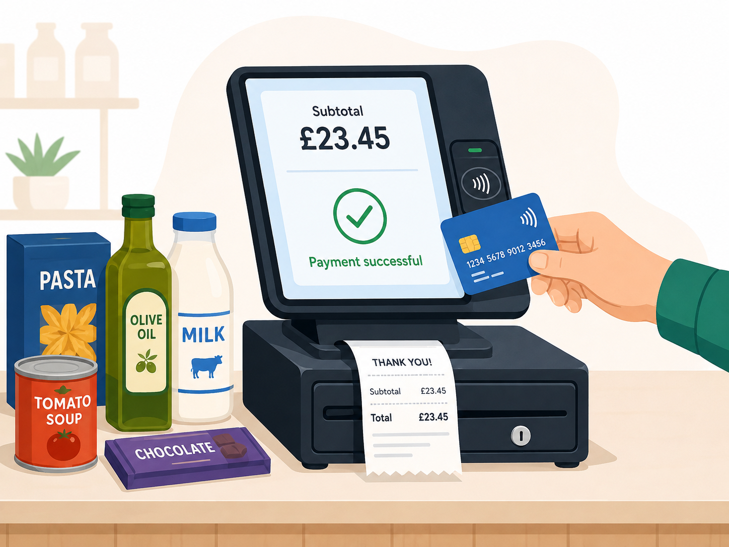 A point-of-sale till with products, a subtotal and a receipt.
