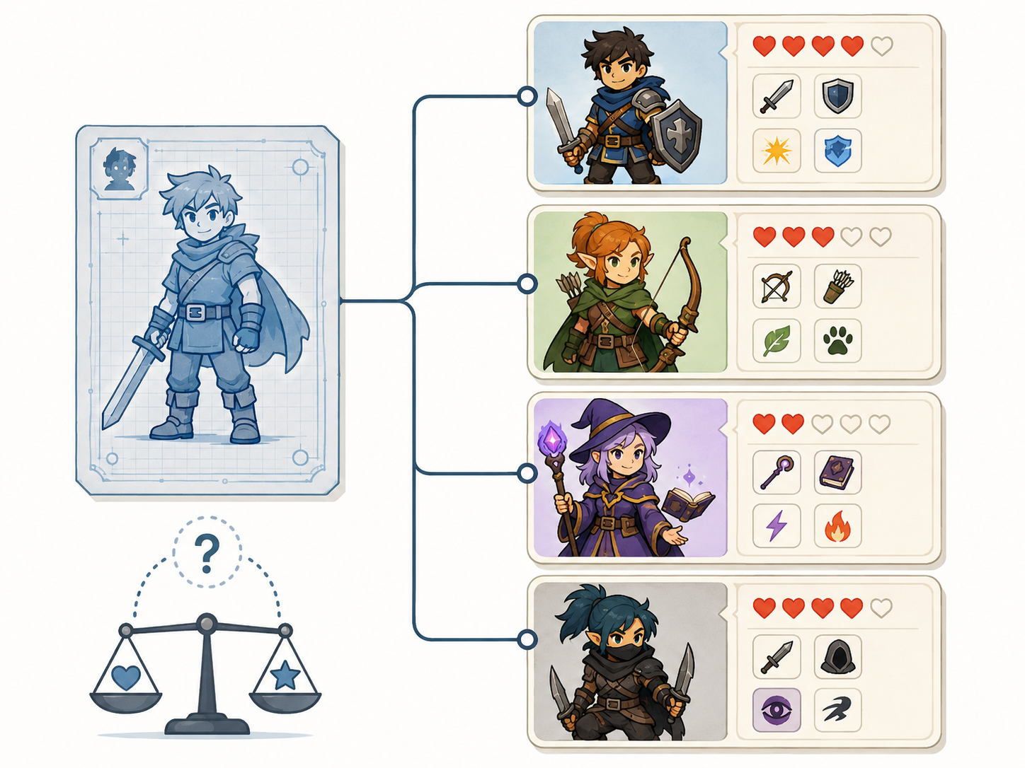 Several game characters with independent state created from a shared blueprint while OOP suitability is evaluated.